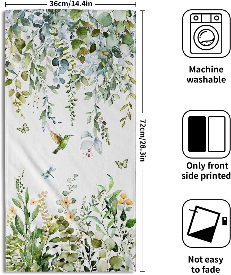 Granbey Spring Eucalyptus Leaves Kitchen Towels 14"x28" Set of 2 Green Botanical Humming Bird Decorative Soft Absorbent Hand Towels Summer Holiday Home Decor for Bathroom Gym Spa - Image 2